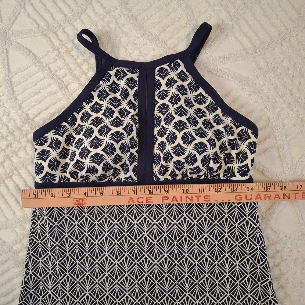 Lands' End Womens 8 Tankini Top Navy Blue White Geometric High Neck Keyhole